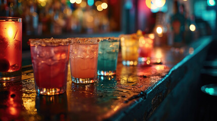 Still Life, Mardi Gras themed cocktails, close-up shot, bar counter, party night, vivid bar lights.