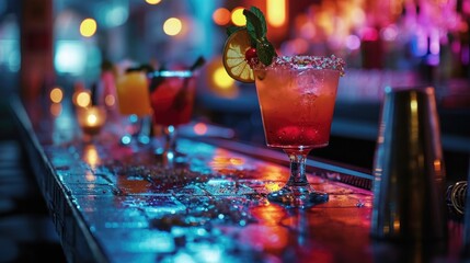 Still Life, Mardi Gras themed cocktails, close-up shot, bar counter, party night, vivid bar lights.