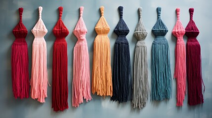 Yarn tassels hanging from a woven wall hanging, adding texture and flair - obrazy, fototapety, plakaty