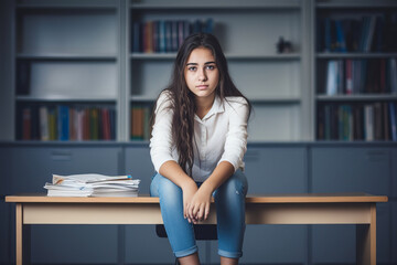 Depressed high school girl waiting for punishment in flawed education system.