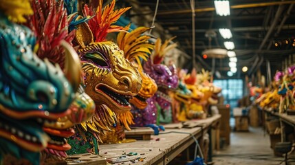 Mardi Gras parade props, workshop space, creative process, behind the scenes, colorful parade props, float making, parade preparations - obrazy, fototapety, plakaty