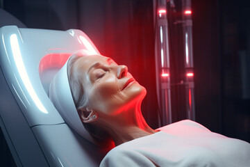 An elderly woman undergoes a facial rejuvenation procedure woman face lt red light treatment at beauty clinic - obrazy, fototapety, plakaty