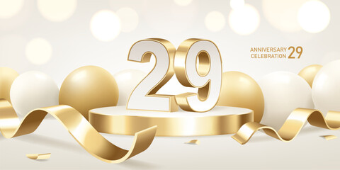 Obraz na płótnie Canvas 29th Anniversary celebration background. Golden 3D numbers on round podium with golden ribbons and balloons with bokeh lights in background.