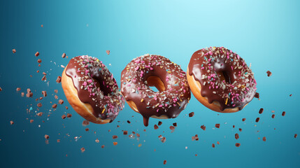 Donuts con chocolate volando para usar en publicidad - obrazy, fototapety, plakaty