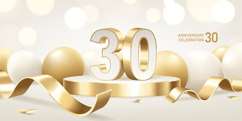 30th Anniversary celebration background. Golden 3D numbers on round podium with golden ribbons and balloons with bokeh lights in background.
