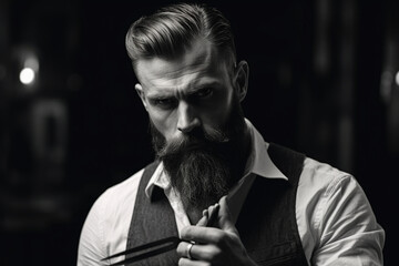 Bearded man, bearded male. Portrait of stylish man beard. Barber scissors and straight razor, barber shop. Vintage barbershop, shaving. Black and white - obrazy, fototapety, plakaty
