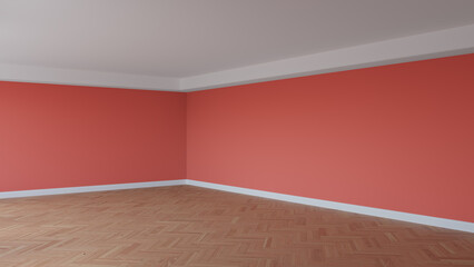 Corner of the Light Red Interior with a White Ceiling and Cornice, Glossy Herringbone Parquet Floor, and a White Plinth. Unfurnished Room Concept. 3D Rendering, Ultra HD 8K, 7680x4320, 300 dpi