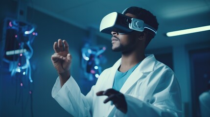 black male surgeon Wearing Virtual Reality Headset Uses Controllers to Remotely Operate Patient with Medical Robot. Modern High-Tech Advance in Breakthrough Medical Treatment, generative ai - obrazy, fototapety, plakaty
