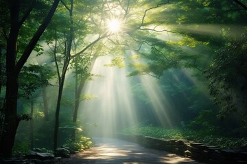 Enchanting sunbeams filtering through a mystical misty forest, creating mesmerizing sunlit rays