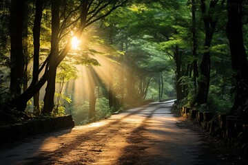 Fototapeta na wymiar Captivating sunbeams casting a magical glow in a dreamy mist filled forest with ethereal sun rays