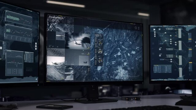Military high tech scanner examining selected mountain area. Military high tech scanner calculating the target geoposition. Military high tech scanner identifies the location of the rival army base.