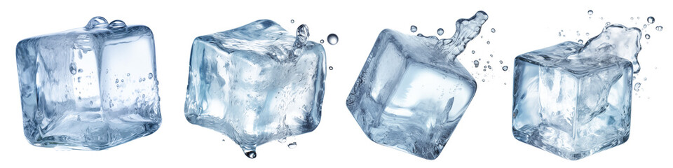 Set of different ice cubes cut out on a transparent background. A set of melting ice cubes decomposes in different directions. Seasoning concept for different drinks.