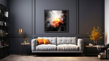 White couch against black panels and picture hanging on the wall. Art deco interior design of a modern living room with accessories in orange tones. Ai generated
