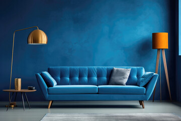 Beautiful blue designer sofa with cushion, and orange and gold decorative lamps against a blue stucco wall. Art deco interior design and contemporary style homes. Ai generated - obrazy, fototapety, plakaty