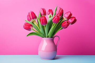 Obraz premium Bouquet of colorful tulips in vase on pink background