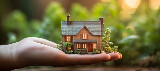 3d house model on human hands with blurred background   insurance and bank loan concept - obrazy, fototapety, plakaty