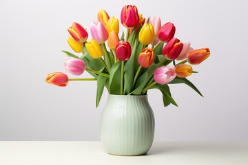 Bouquet of colorful tulips in vase on white background