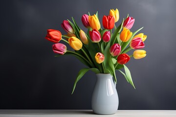 Bouquet of colorful tulips in vase on black background