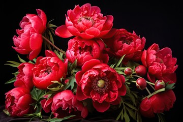 Red peony flowers on black background