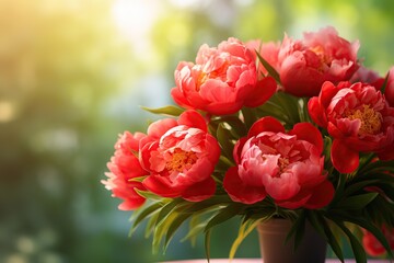 Obraz premium Red peony flowers on blurred green background