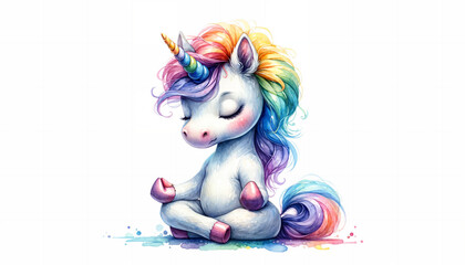 Watercolor illustration of colorful unicorn meditating in yoga lotus position. Cute and funny illustration	