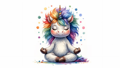 Watercolor illustration of colorful unicorn meditating in yoga lotus position. Cute and funny illustration	