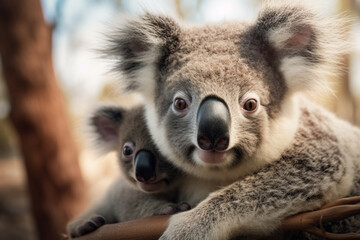 Close-up of a young koala bear (Phascolarctos cinereus) on back of its mother