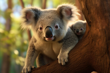 Fototapeta premium Close-up of a young koala bear (Phascolarctos cinereus) on back of its mother