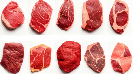 Assorted raw steaks collection with different cuts, top view, isolated on white background - Powered by Adobe