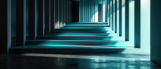 A minimalist abstract image of a blue staircase, casting shadows and light in a serene setting.