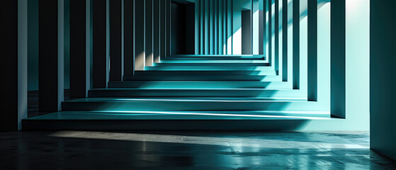Obraz premium A minimalist abstract image of a blue staircase, casting shadows and light in a serene setting.