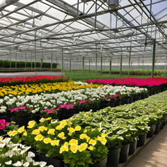 Potted plants and flowers growing in a greenhouse