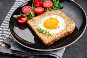 fried egg toast scrambled yolk white protein breakfast food fresh healthy eating cooking appetizer meal food snack on the table copy space food background rustic top view