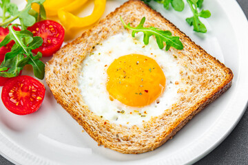 fried egg toast scrambled yolk white protein breakfast food fresh healthy eating cooking appetizer meal food snack on the table copy space food background rustic top view