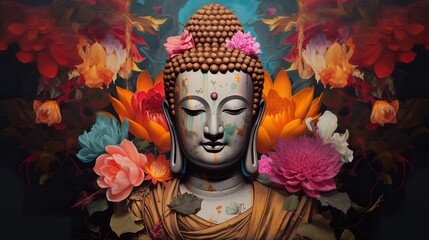 colorful portrait of sacred serene buddha god, buddhism religion concept wallpaper - obrazy, fototapety, plakaty