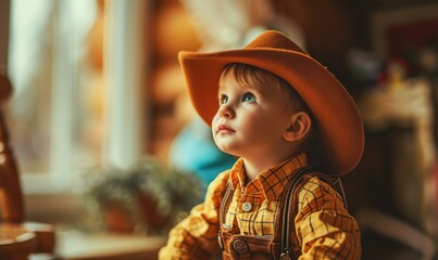 A young boy wearing a cowboy hat. Generative AI.