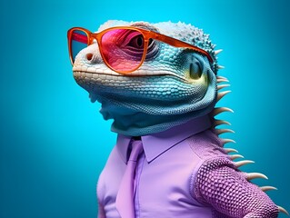 portrait of an iguana lizard, wearing sunglasses, azure and orange background, colorful lizard