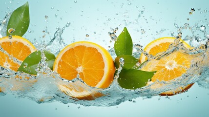 Zesty Burst: A Fresh Yellow Oranges Splashing into Crystal Clear Refreshment, a Vivid Celebration of Citrus Elegance - AI Generative