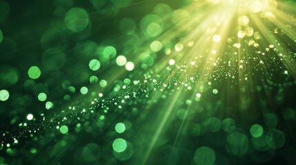 Asymmetric green light burst, abstract beautiful rays of lights on dark green background with the color of green and yellow, golden green sparkling backdrop with copy space.