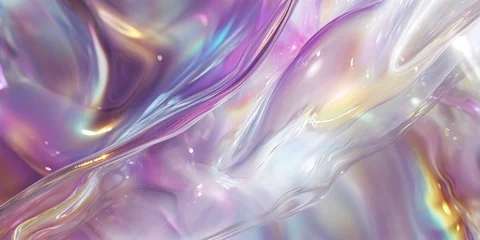 Fotobehang Iridescent fabric background. Shiny mother of pearl fabric, bright multi-colored fabric, pastel colorful spectrum liquid flow backgrounds. © Jasper W