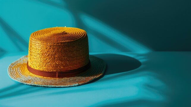 A straw hat on a blue surface. Generative AI.