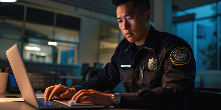 Asian Police officer working on a laptop at the caf&eacute; or big open office
