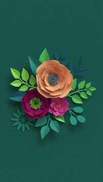3d render, abstract floral arrangement appearing over dark green wall, botanical background vertical video, blooming live image, motion design,