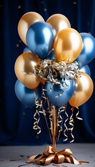 Gold and blue metallic balloons on blurred background   event celebration card with text space
