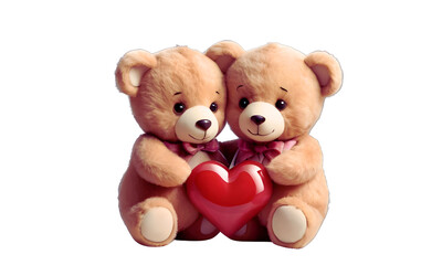 two Teddy bears holding with heart, Isolate on transparent background, Loving Bears, png.