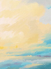 Obraz na płótnie Canvas Impressionistic Sunny & Uplifting Seascape Cloudscape or Landscape in Aqua, Blues & Yellow Art, Digital Painting, Artwork, Illustration, Design, or Painting