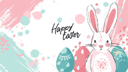 copy space, Happy Easter banner with text "Happy Easter". Trendy Easter design with typography, hand painted strokes and dots, eggs and bunny in pastel colors. Modern minimal style.