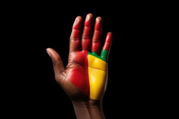 Black history month yellow red green color hand on dark background, concept of support, activism and celebration - obrazy, fototapety, plakaty