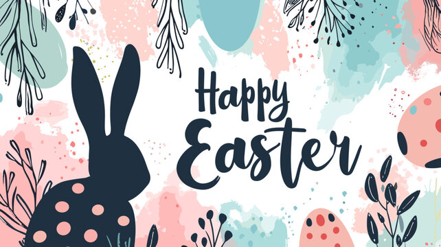 copy space, Happy Easter banner with text "Happy Easter". Trendy Easter design with typography, hand painted strokes and dots, eggs and bunny in pastel colors. Modern minimal style.