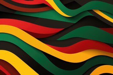 Abstract paper cut Black History Month color background with layers of wavy lines in red, yellow, green colors